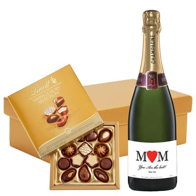 Personalised Champagne - Heart Mam And Lindt Swiss Chocolates Hamper